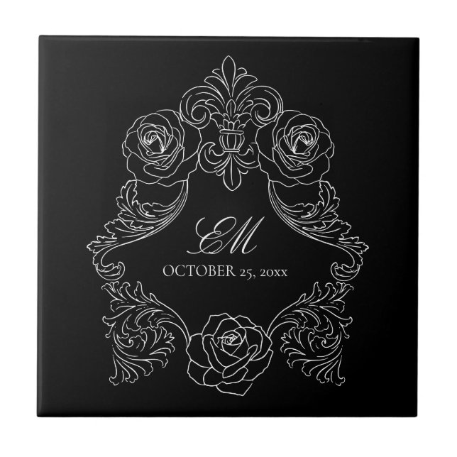 Black And White Gothic Wedding Monogram Ceramic Tile (Front)