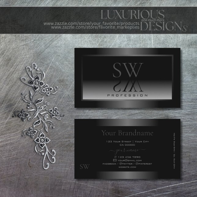Black and White Gradient Shimmery Frame Monogram Business Card (Creator Uploaded)