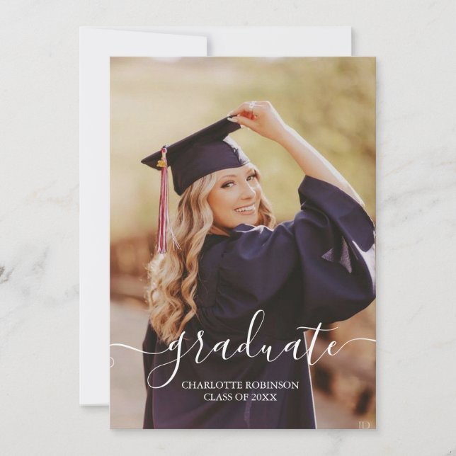 Black and white graduate script photo graduation invitation (Front)