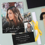 Black and white graduate script photo graduation invitation<br><div class="desc">Black and white graduate script open house photo graduation. Add 4 of your favourite photos with an elegant script calligraphy and photo grid collage.</div>