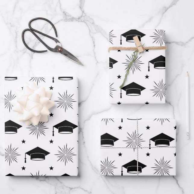Black and White Graduation Cap Pattern Wrapping Paper Sheet (Front)