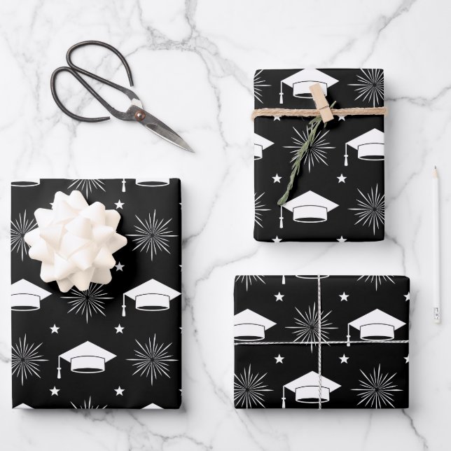 Black and White Graduation Cap Pattern Wrapping Paper Sheet (Front)