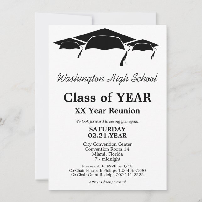 Black and White Graduation Caps Class Reunion Invitation (Front)