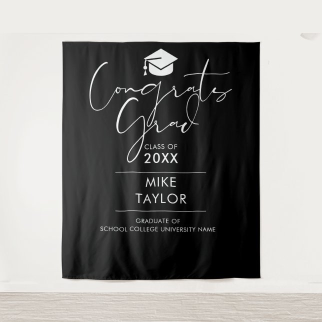Black And White Graduation Party Photo Backdrop Tapestry (Front)