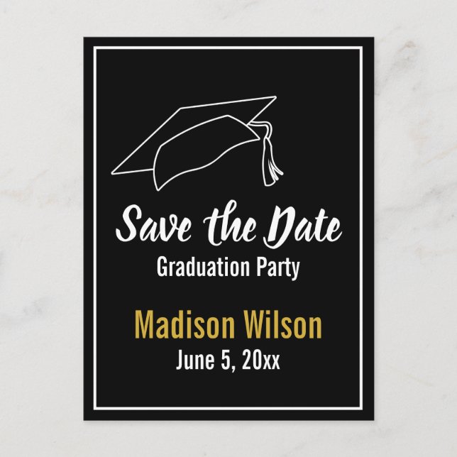 Black and White Graduation Party Save the Date Announcement Postcard (Front)