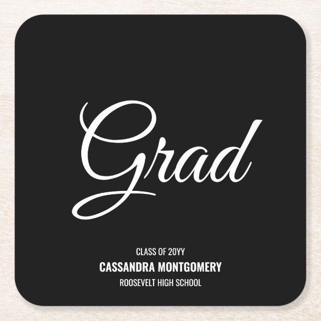 Black and White Graduation Party Square Paper Coaster (Front)