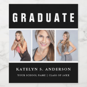 Black and White Graduation Photo Collage Custom Wine Label