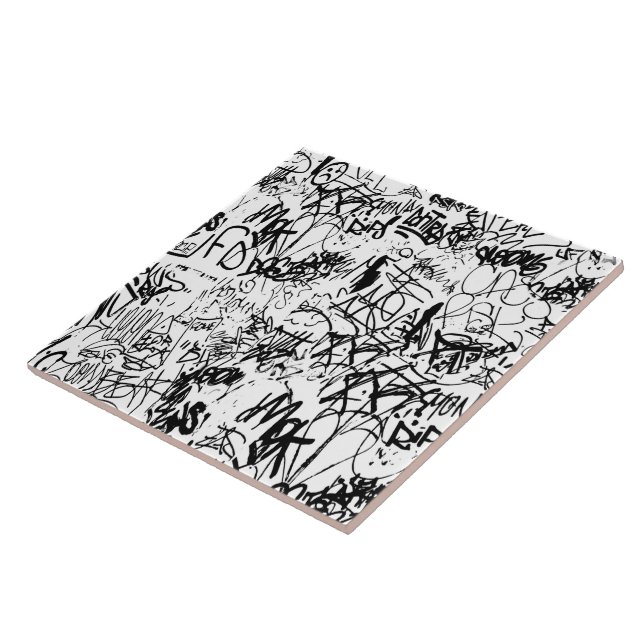Black and White Graffiti Abstract Collage Ceramic Tile (Side)