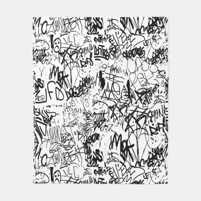 Black and White Graffiti Abstract Collage Fleece Blanket (Front)