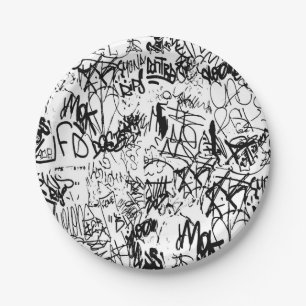 Black and White Graffiti Abstract Collage Paper Plate