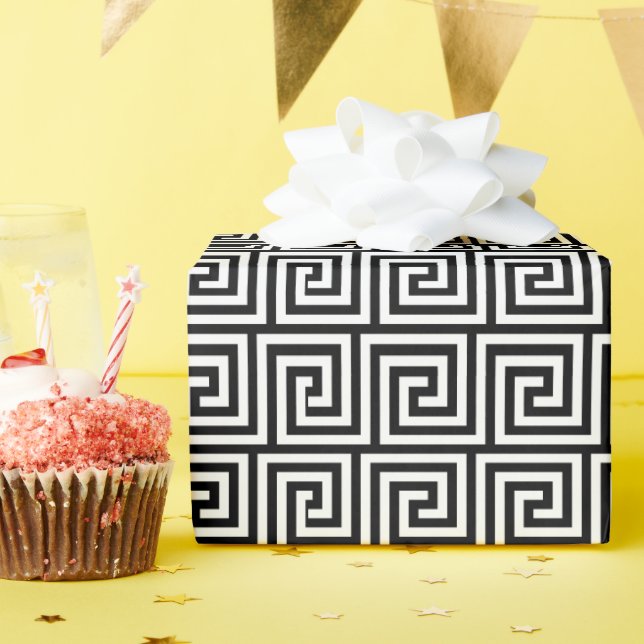 Black and White Graphic Greek Key Pattern Wrapping Paper (Birthday Party)