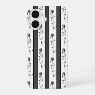 Black and white gray vintage striped with roses  iPhone 16 case