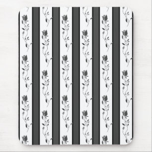 Black and white gray vintage striped with roses mouse pad