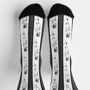 Black and white gray vintage striped with roses  socks