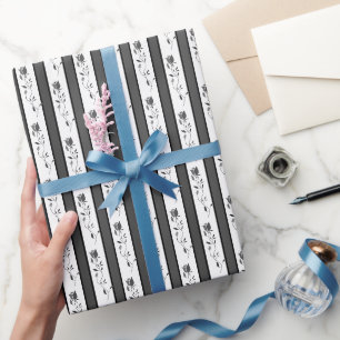 Black and white gray vintage striped with roses wrapping paper
