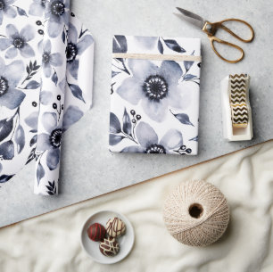 Black and White Grayscale Anemones Floral Wrapping Paper