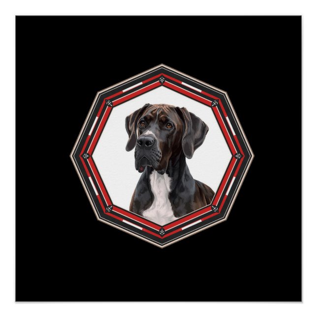 Black And White Great Dane In A Red Frame Poster (Front)