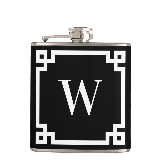 Black and White Greek Key Border Monogram Hip Flask (Front)