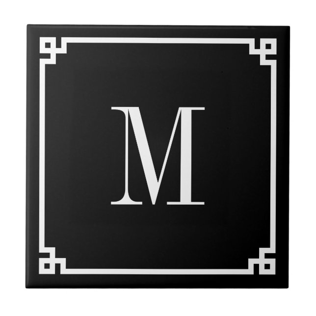 Black and White Greek Key Border Monogrammed Ceramic Tile (Front)