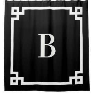 Black and White Greek Key Border Simple Monogram Shower Curtain