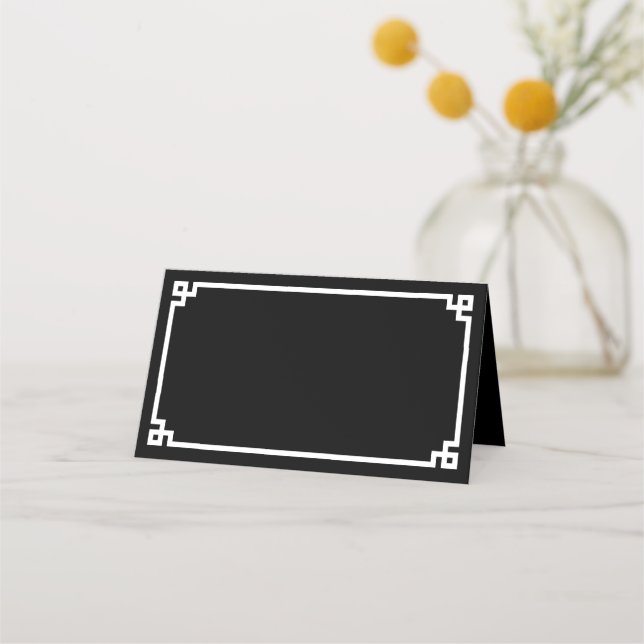 Black and White Greek Key Border Wedding Place Card (Front)