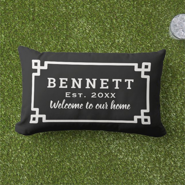 Black and White Greek Key Custom Monogram Welcome Lumbar Cushion (Grass)
