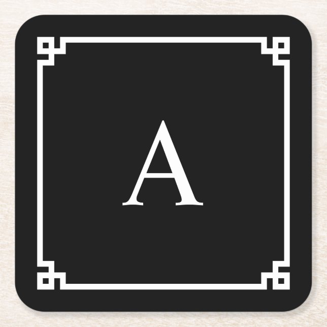 Black and White Greek Key Monogram Square Paper Coaster (Front)