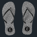 Black and White Greek Key Monogram Thongs<br><div class="desc">Custom printed flip flop sandals with a stylish modern Greek key pattern and your custom monogram or other text in a circle frame. Click Customise It to change text fonts and colours or add your own images to create a unique one of a kind design!</div>