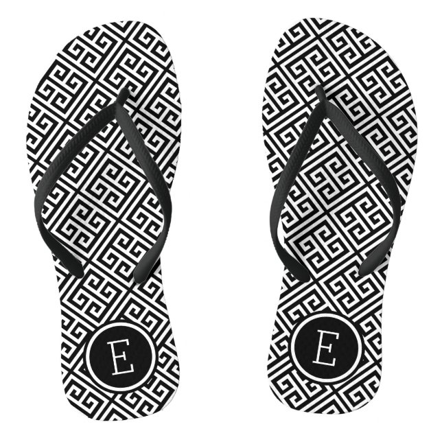 Black and White Greek Key Monogram Thongs (Footbed)