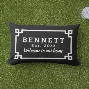 Black and White Greek Key Monogram Welcome Lumbar Cushion