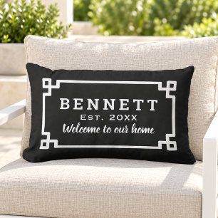 Black and White Greek Key Monogram Welcome Lumbar Cushion