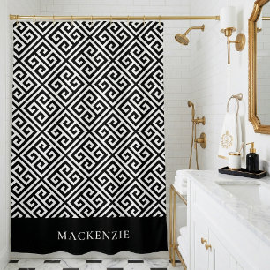 Black and White Greek Key Name Monogram Shower Curtain