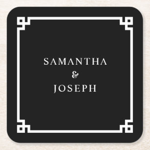 Black and White Greek Key Wedding Square Paper Coaster