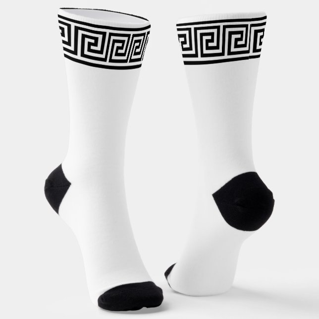 Black and White Greek Pattern Crew Socks (Angled)