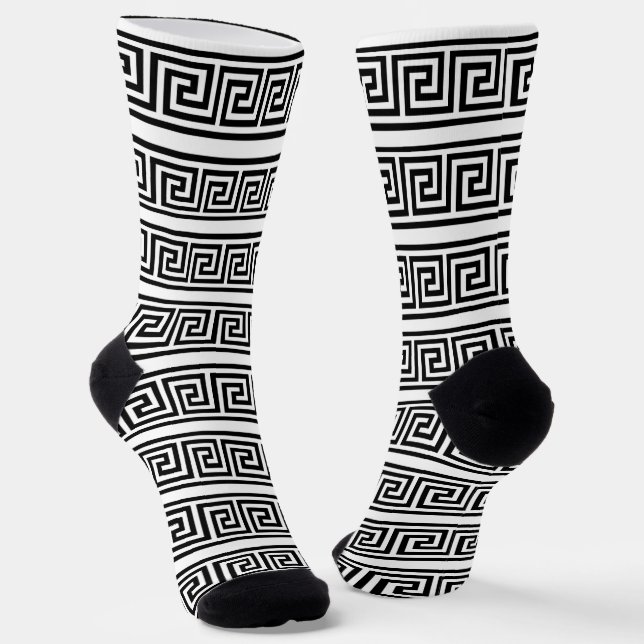 Black and White Greek Pattern Crew Socks (Angled)