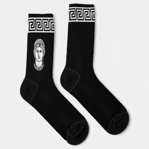 Black and White Greek Pattern on Black Crew Socks