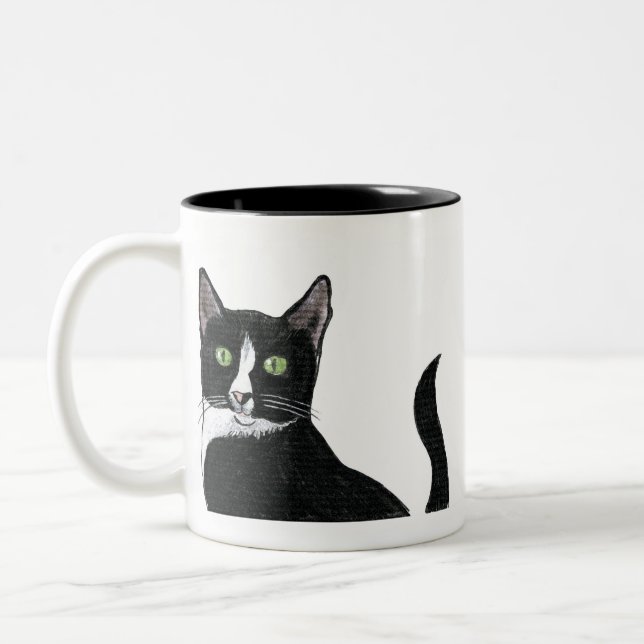 Black and White Green Eyed Cat Two-Tone Coffee Mug (Left)