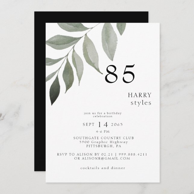 Black and White Greenery 85TH Birthday Party  Invitation (Front/Back)