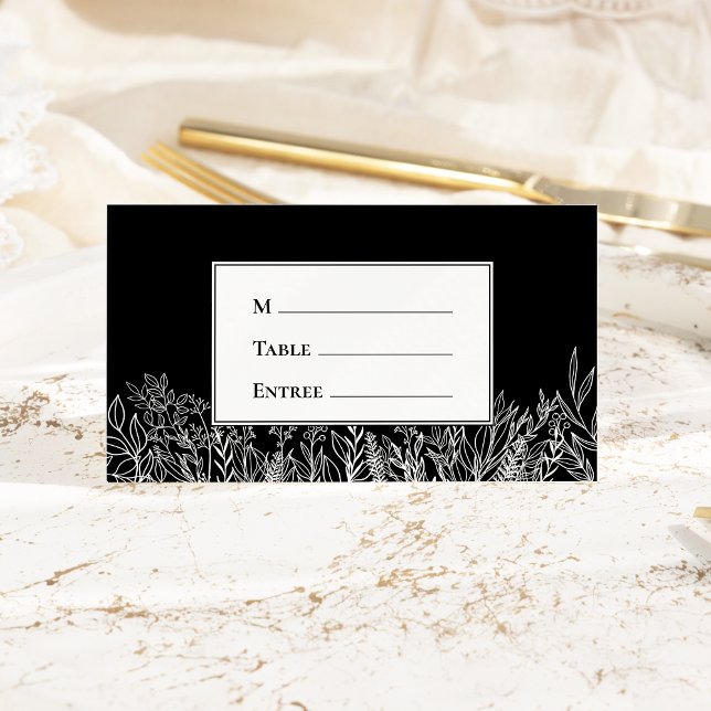 Black and White Greenery Entree Choice Folded Place Card (Creator Uploaded)