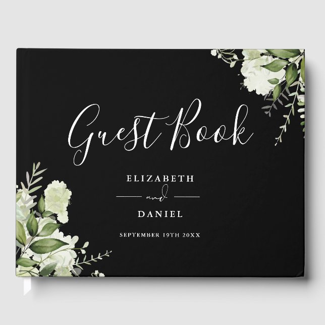 Black And White Greenery Floral Photo Wedding Guest Book (Front)