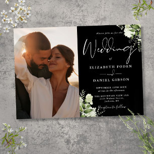 Black And White Greenery Floral Photo Wedding Invitation