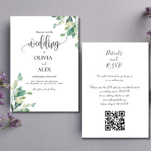 Black And White Greenery Floral QR Code Wedding Invitation