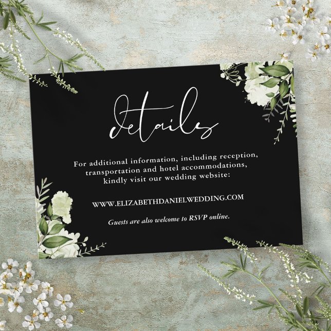 Black And White Greenery Floral Wedding Details Enclosure Card (Black And White Greenery Floral Wedding Details Enclosure Card)