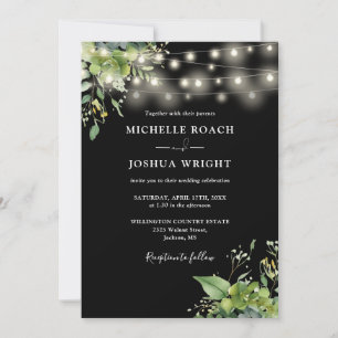 Black And White Greenery Lights QR Code Wedding Invitation
