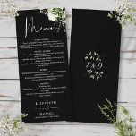 Black And White Greenery Monogram Wedding Dinner Menu<br><div class="desc">This elegant black and white floral botanical greenery leaves wedding menu can be personalised with your information in chic typography with your monogram initials on the reverse. Designed by Thisisnotme©</div>