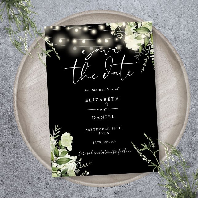 Black And White Greenery String Lights Wedding Save The Date (Black And White Greenery String Lights Wedding Save The Date)