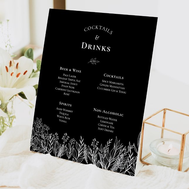 Black and White Greenery Wedding Drinks Menu Pedestal Sign (Creator Uploaded)