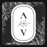 Black and White Greenery Wedding Monogram Square Sticker<br><div class="desc">This Black and White Greenery Wedding Monogram Square Sticker design offers a classic combination of simple minimalist typography with a neutral black and white colour story and chic line art greenery. The moody leaf silhouette embellishments are artfully arranged to create a beautiful flowing shape that sets off the polished geometric...</div>