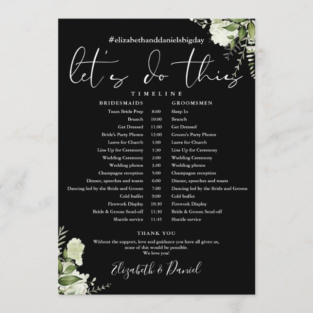 Black And White Greenery Wedding Schedule Timeline Program (Front)
