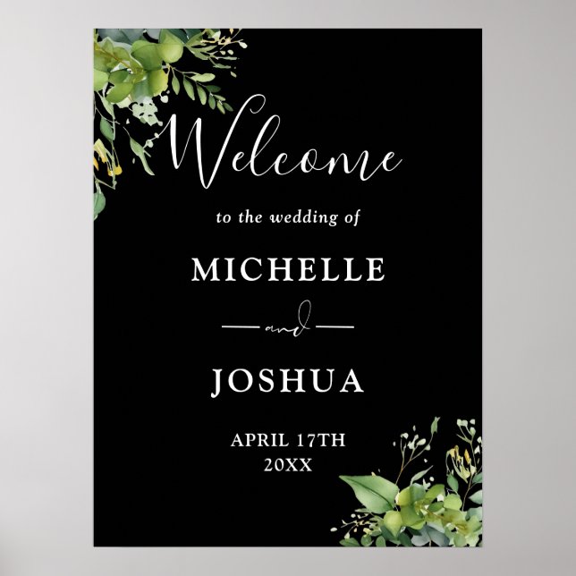 Black And White Greenery Wedding Welcome Sign (Front)